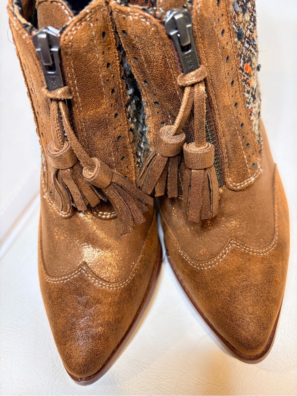 Irregular Choice Brown Suede Tassel Ankle Booties with Tweed Panels - Picture 6 of 12